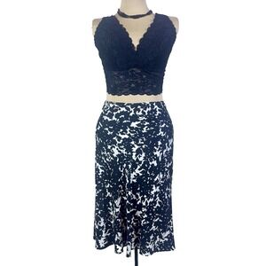 Lauren Ralph Lauren Women's Sz XL 100% Silk Midi Skirt Black White Flowers Lined